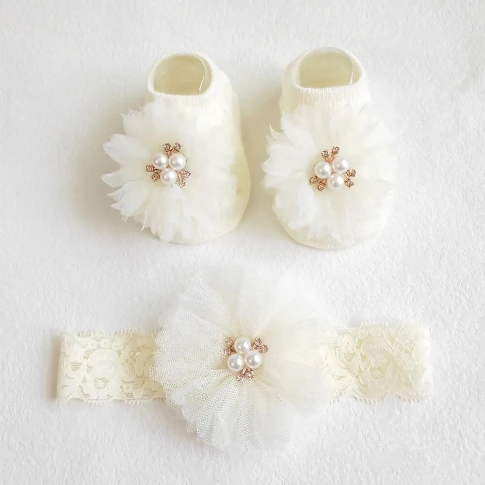 Toddler Sock Set - Lovely Pearl Bows Baby Headband Socks
